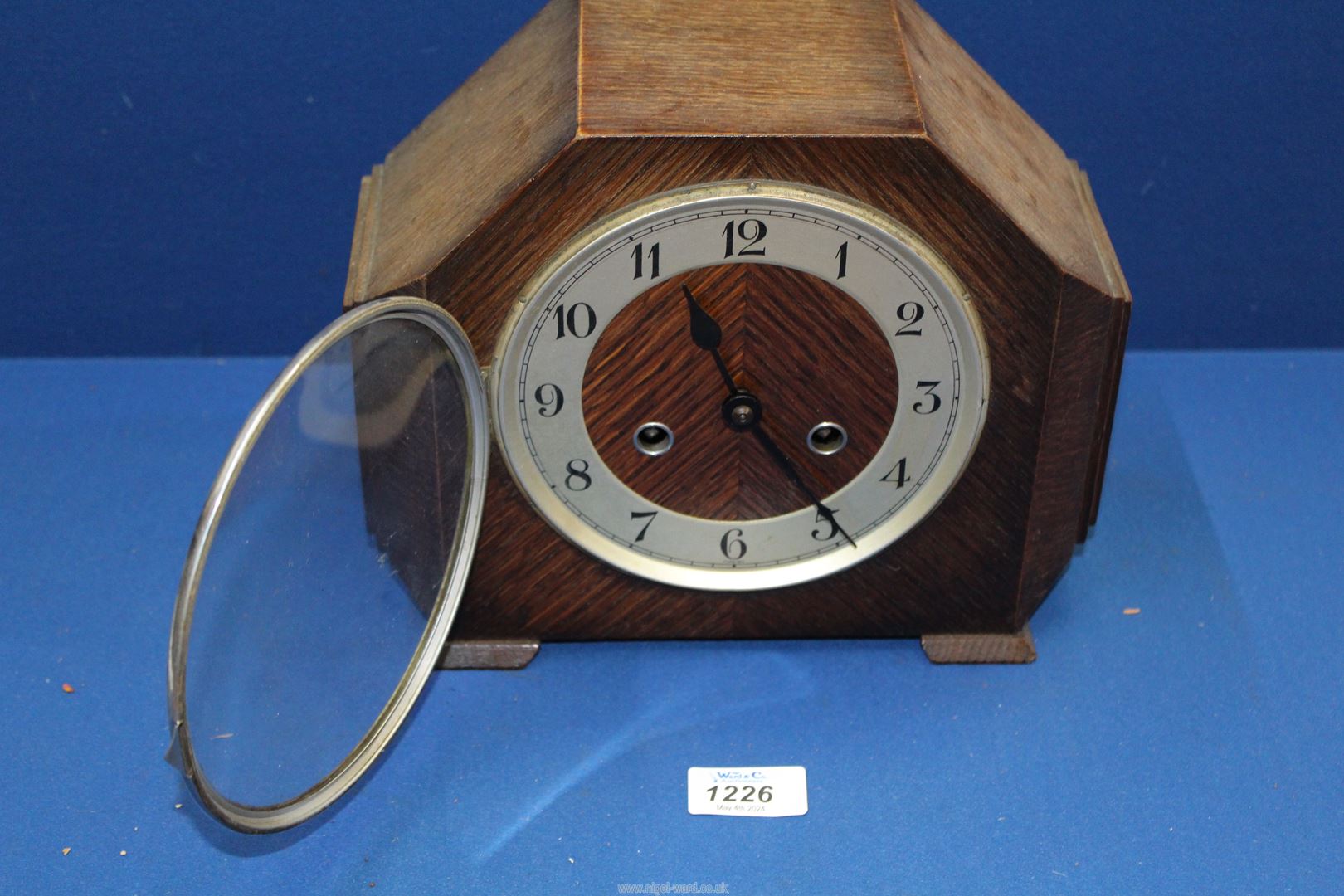 An oak two train Art Deco style Mantle Clock having Arabic numerals with pendulum and key, - Image 2 of 4