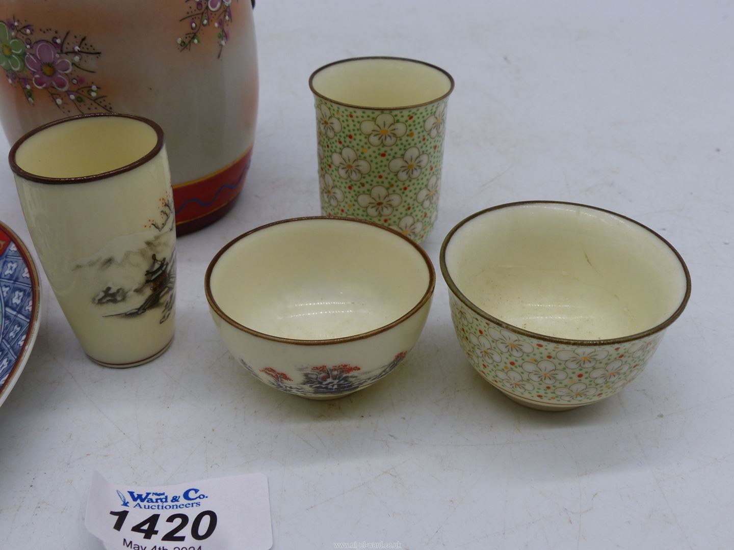 A signed hand painted Japanese Saki bowl and cup, another painted in black, - Image 2 of 3