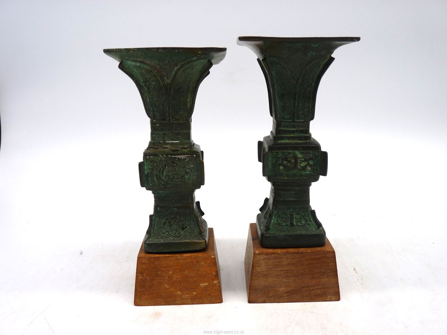 A pair of small Chinese bronze 'Gu' vases, probably Ming dynasty, on custom made wooden stands, - Image 9 of 18