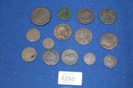A small quantity of old English and foreign coins including 179(?)7 Cartwheel penny (worn),