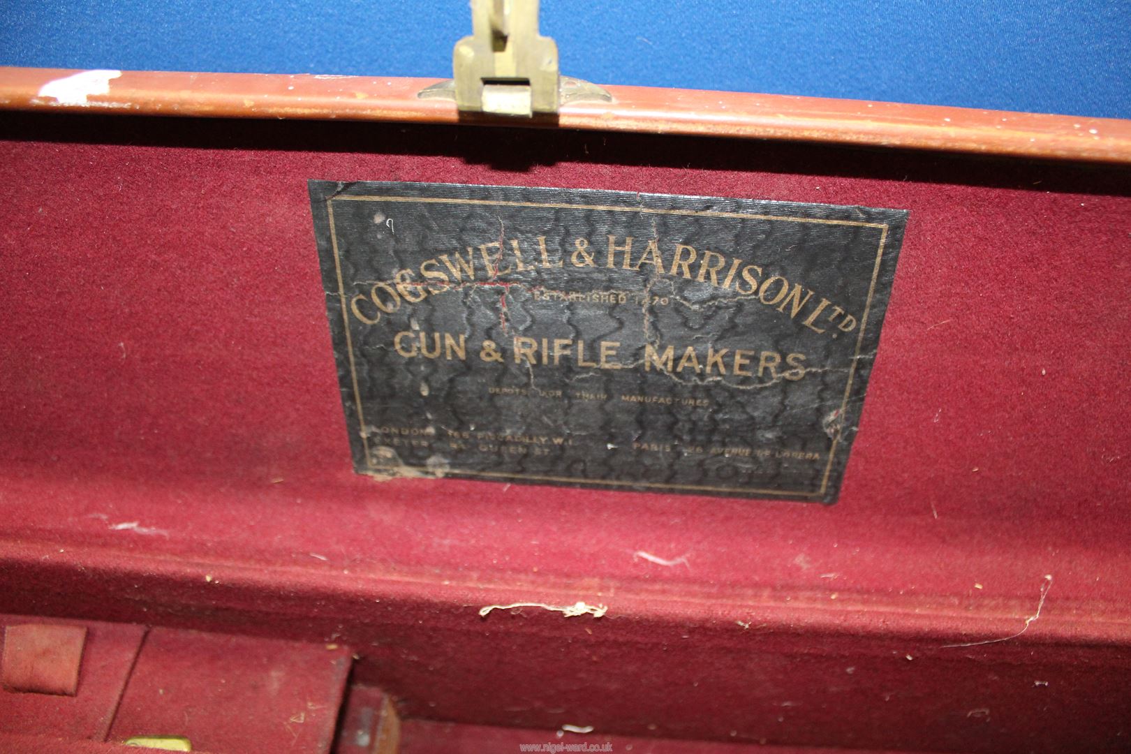 A brown leather Cogswell & Harrison Ltd gun case having red baize fitted interior with key and - Image 3 of 4