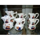 A set of four graduated Gaudy Welsh six sided Jugs plus a similar set of two,
