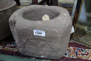 An early and primitive hewn Stone Mortar/Quern Stone of chamfered cornered square form having