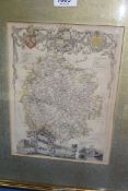 A framed and mounted map of Herefordshire, 13 1/2" wide x 16 1/4" frame,