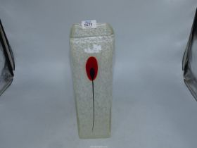 A very heavy vintage tall square glass vase in white snowflake effect with an applied red floral