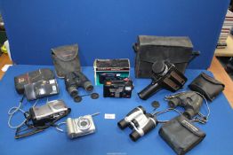 A small quantity of cameras and binoculars including; Praktica binoculars, Hanimex 35ES,