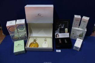 A box of perfumes/cosmetics including four sealed boxed Greta Garbo perfume, 'Calotine de Gres',