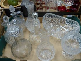 Two each of Decanters, carafes and claret Jugs (one carafe being by Stuart), plus flower basket,