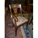 A most attractive Walnut and other woods Marquetry decorated open armed Elbow Chair,