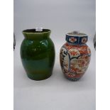 A blue/red Japanese Imari vase, (base cracked) and a large green glaze Pottery Vase, C.H.