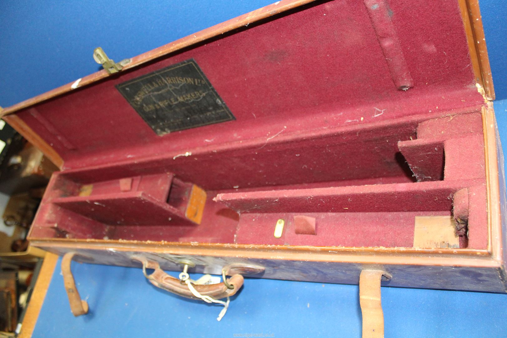 A brown leather Cogswell & Harrison Ltd gun case having red baize fitted interior with key and - Image 4 of 4