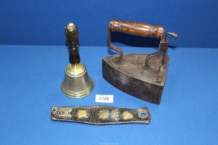 An early Box Iron, complete and a brass Bell.