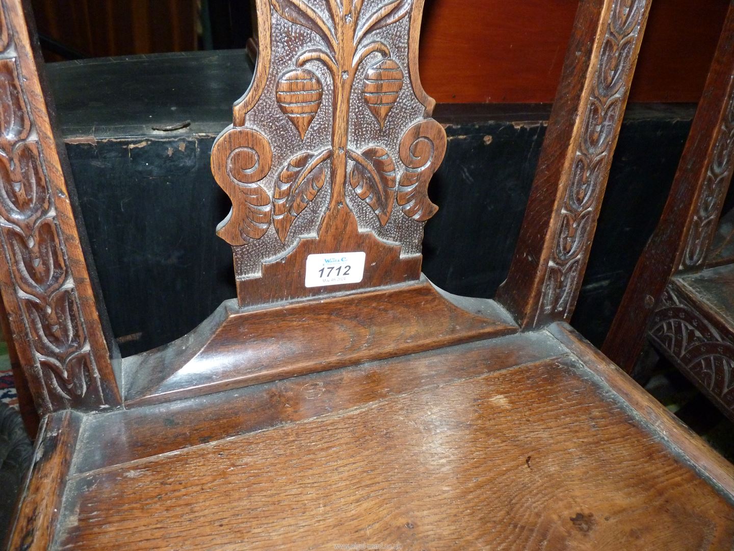 A set of four carved early Oak Dining Chairs having solid seats, - Image 5 of 5