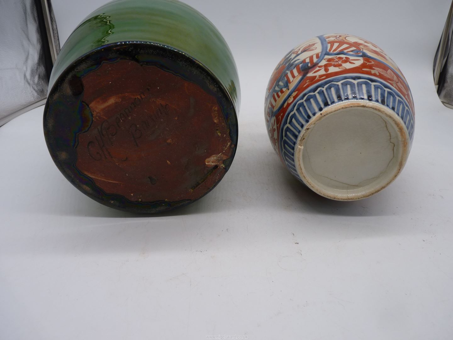 A blue/red Japanese Imari vase, (base cracked) and a large green glaze Pottery Vase, C.H. - Image 2 of 2