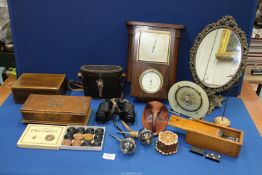 A quantity of treen including; Rototherm barometer/thermometer, card boxes, Dominoes,