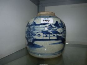 A blue patterned ginger jar (no lid), 6 1/2" tall.