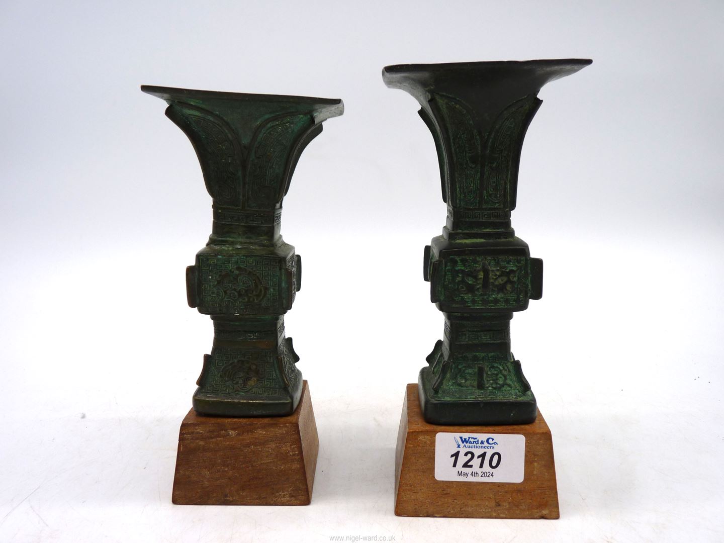 A pair of small Chinese bronze 'Gu' vases, probably Ming dynasty, on custom made wooden stands, - Image 6 of 18