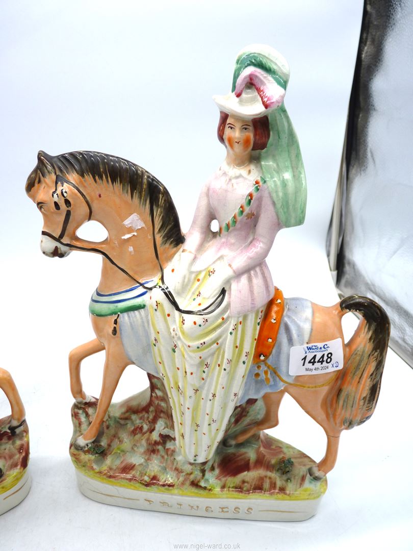 A pair of Staffordshire figures on horseback - 'Prince of Wales' and 'Princess' (a/f), 13 1/2" tall. - Image 3 of 5