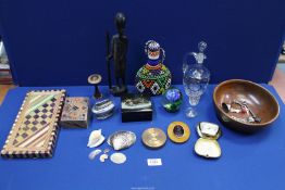 A quantity of miscellanea including; a decorative paperweight, straw work box, shells,