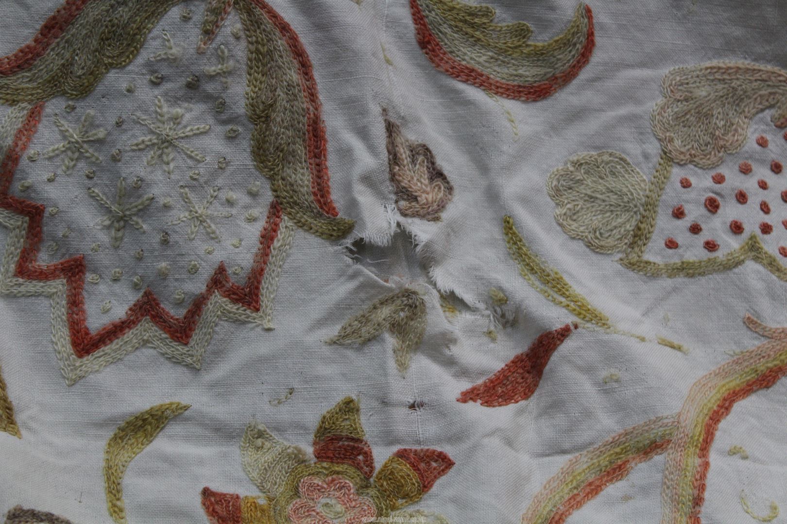 A large piece of crewel work fabric in cream having yellow, orange and pink floral design (a/f), - Image 3 of 3