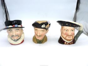 Three large Royal Doulton character jugs - Henry VIII 6642 D, Monty D6202 and Beefeater D6206,