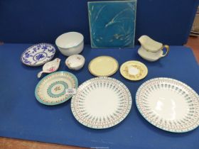 A small quantity of china including; two Derby plates, Minton Hollins & Co tile,