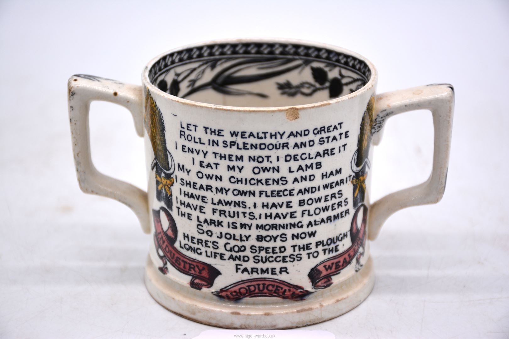 A Farmers Arms 'God Speed the Plough' two handled mug (a/f). - Image 2 of 4