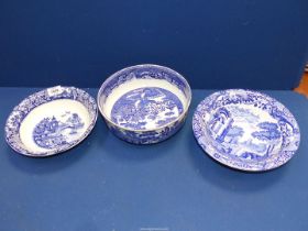 Three blue and white bowls to include; Copeland Spode Italian (a/f),