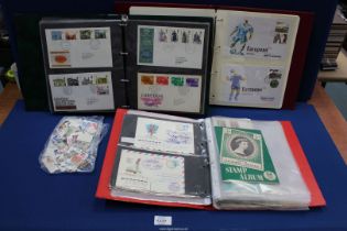 Three Albums and contents including First Day Covers, stamp hinges, loose stamps, etc.