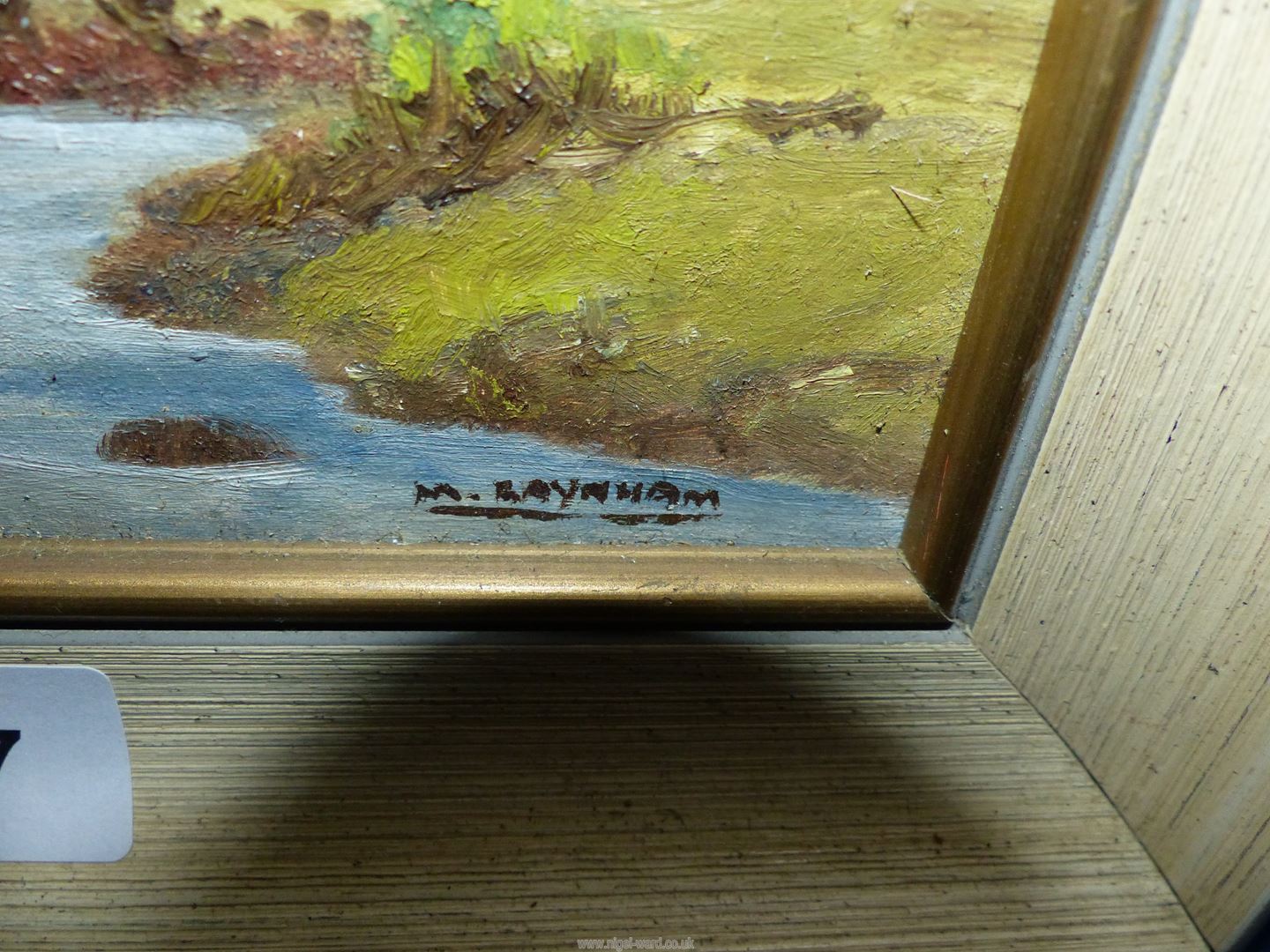 A small framed Oil on board titled Verso "Summer Stream", signed lower right, M. - Image 2 of 2