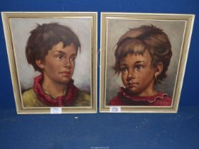 A pair of framed Oils on canvas depicting a young boy and girl.