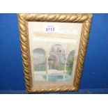 A small framed Watercolour, Entrance to a Hall, Indistinctly signed lower right.