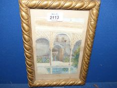 A small framed Watercolour, Entrance to a Hall, Indistinctly signed lower right.