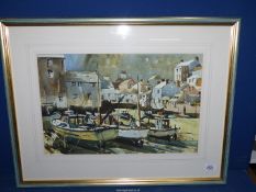A large framed and mounted water colour depicting a Harbour Scene.