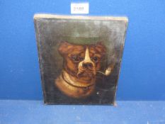 A 19th c. Oil painting of Dog smoking a pipe, unframed, no visible signature.
