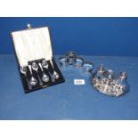 A Viners Epns tray with condiment set, boxed set of 6 Epns teaspoons and four plated napkin holders.