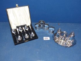 A Viners Epns tray with condiment set, boxed set of 6 Epns teaspoons and four plated napkin holders.