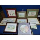A quantity of framed watercolours, to include A Village Scene with Pub, "Outhgill", "Pinker's Pond,