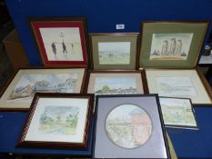 A quantity of framed watercolours, to include A Village Scene with Pub, "Outhgill", "Pinker's Pond,