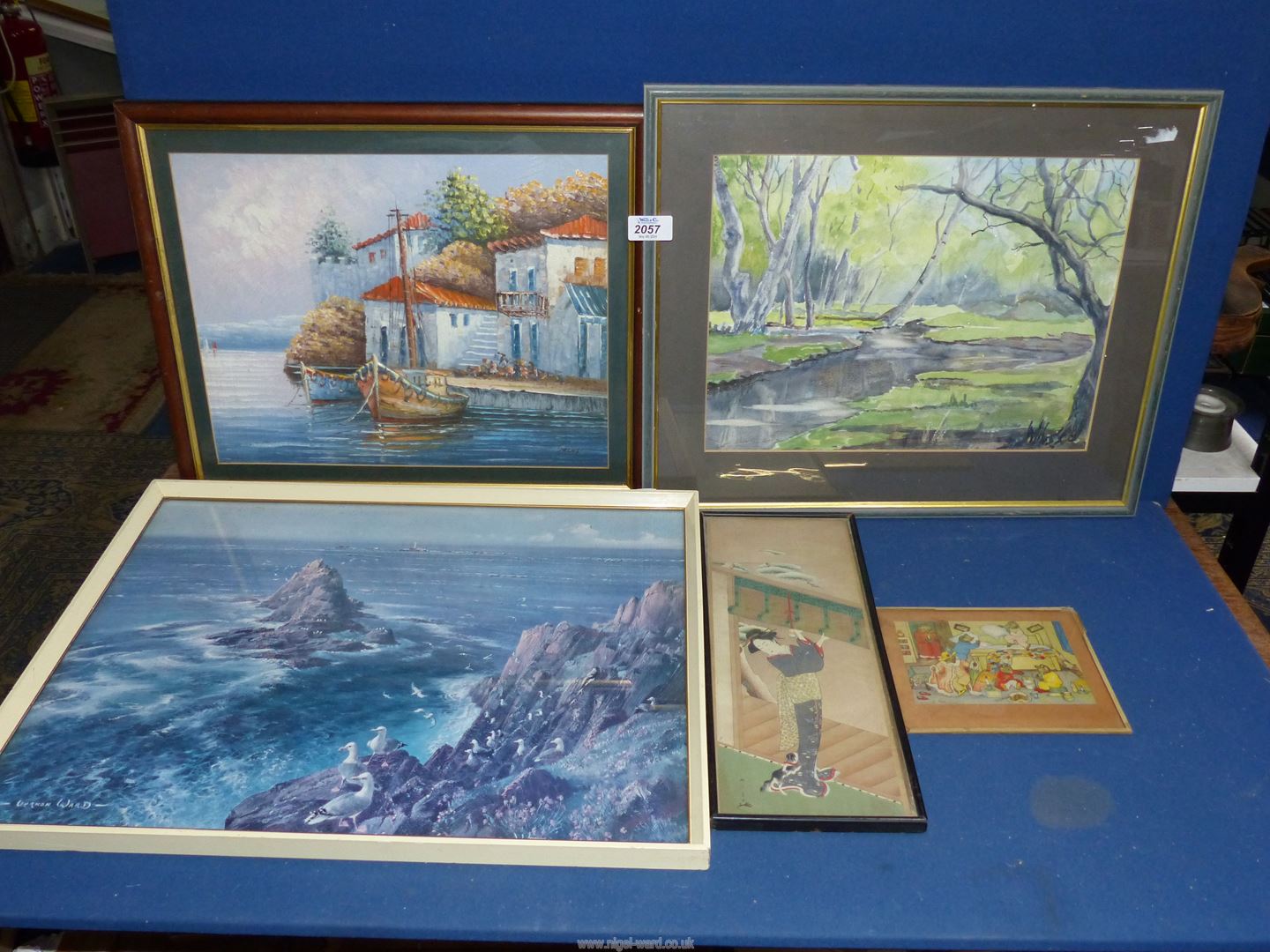 A quantity of pictures including a Vernon Ward print of a seascape, an oriental picture,