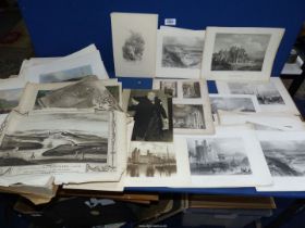 A box of unframed Etchings to include; Dunottar Castle, Berwick, Eagle Tower, Carnarvon Castle, etc.