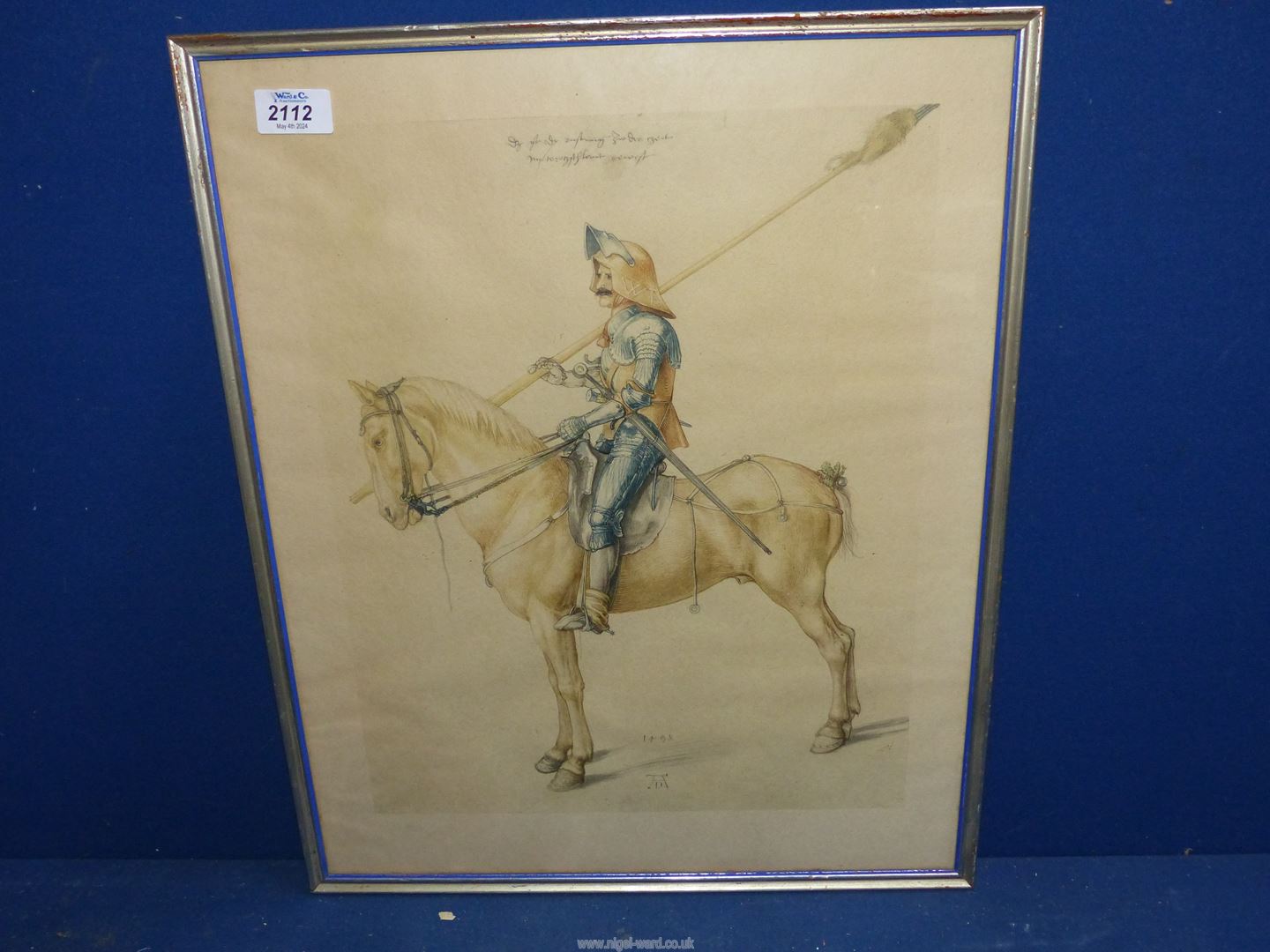 A framed coloured Print of an engraving of Soldier on horseback, after Albrecht Durer,