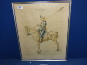 A framed coloured Print of an engraving of Soldier on horseback, after Albrecht Durer,