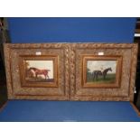 Two large gilt framed Prints on canvas depicting thoroughbred horses one with a mounted jockey.
