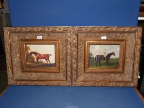 Two large gilt framed Prints on canvas depicting thoroughbred horses one with a mounted jockey.