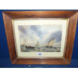 A wooden framed Watercolour depicting sailing ships and masted ships, no visible signature,