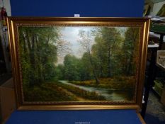 A large Oil painting by Peter Snell depicting a river landscape surrounded by trees, 40 3/4" x 29".