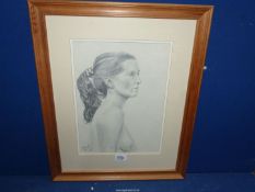 A framed and mounted Pencil sketch portrait of a Semi-nude lady.