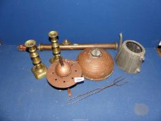 A quantity of brass including garden sprayer, bedwarmer, pair of candlesticks, etc. ***V.A.T.