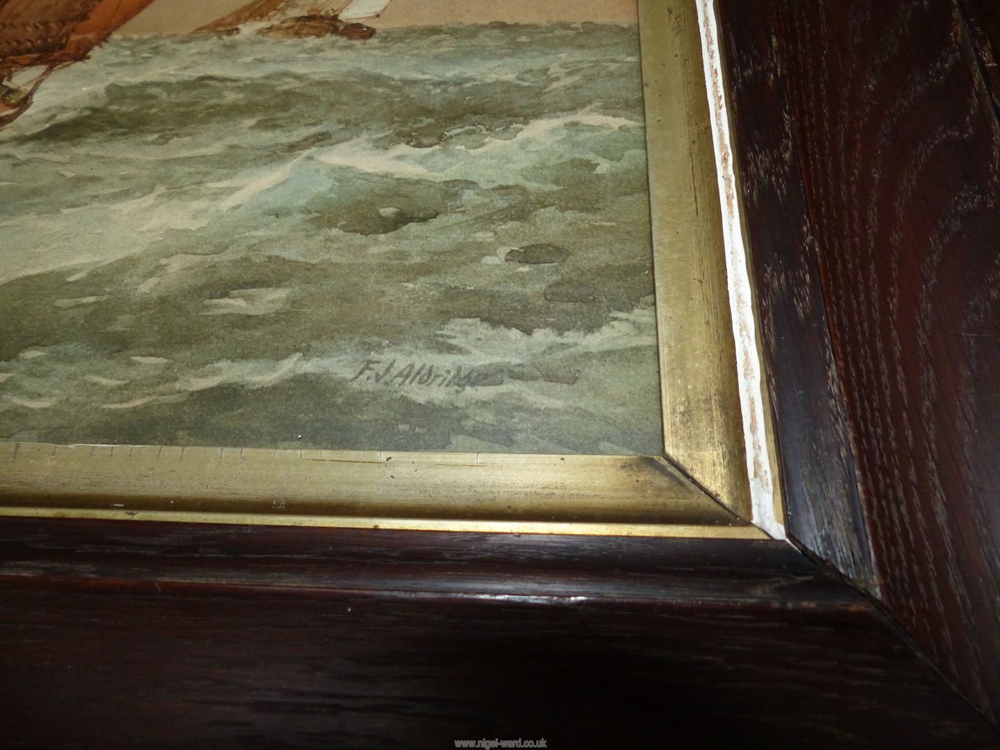 A large oak framed Print of sailing ships, signed F.J. Aldridge, 28 1/2" x 21 1/4". - Image 2 of 2